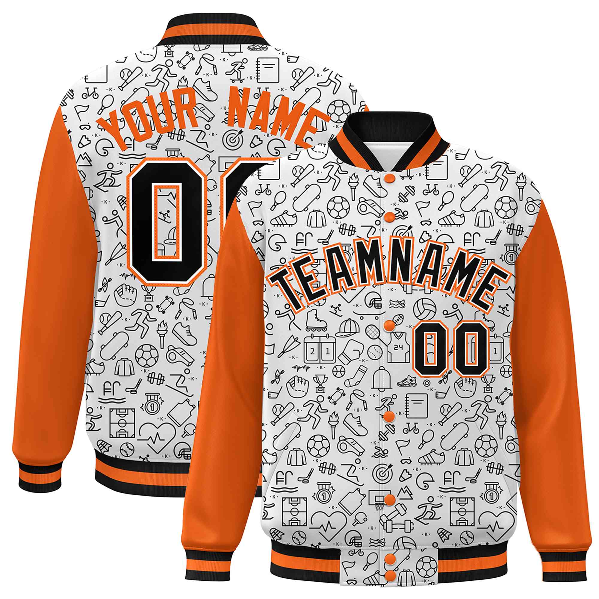 Custom White Orange-Black Line Graffiti Pattern Varsity Raglan Sleeves Letterman Baseball Jacket