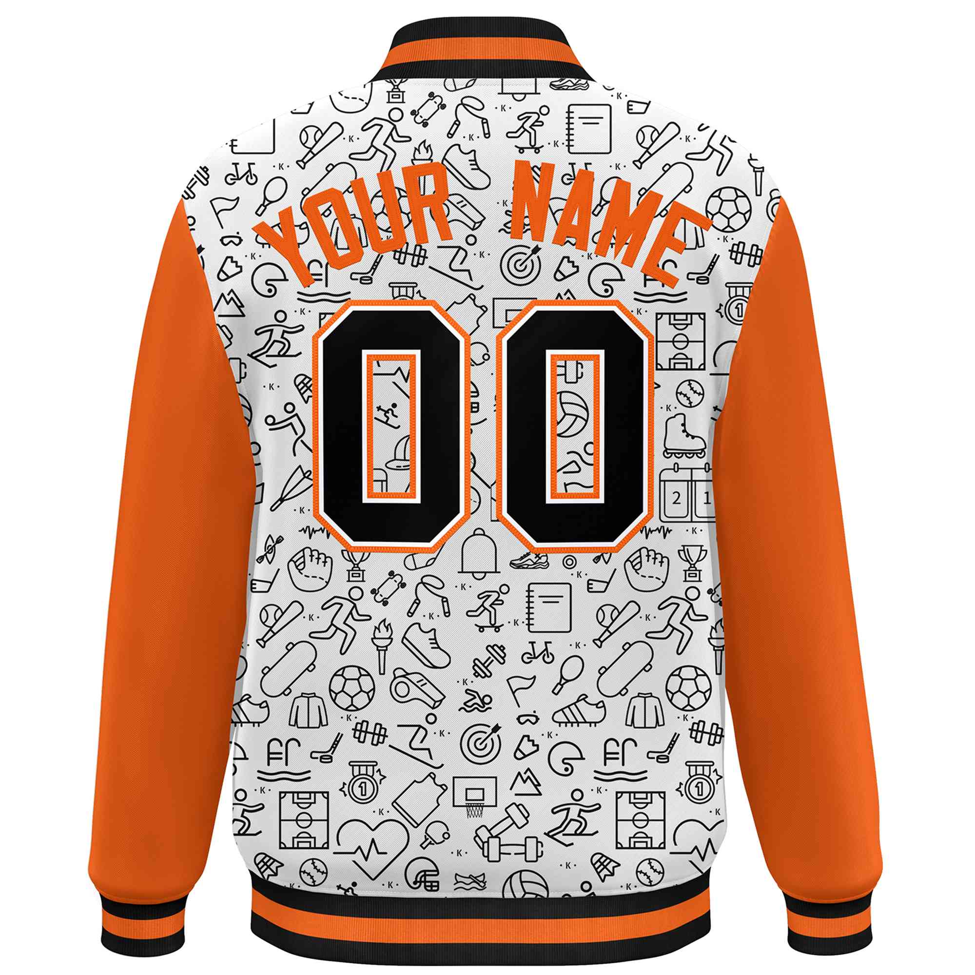 Custom White Orange-Black Line Graffiti Pattern Varsity Raglan Sleeves Letterman Baseball Jacket