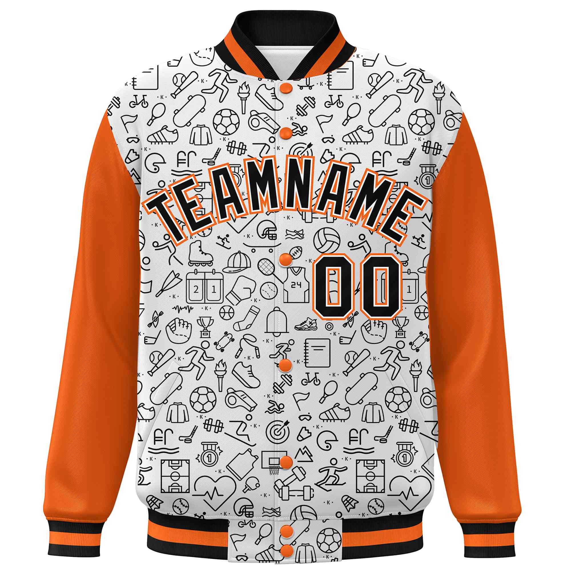 Custom White Orange-Black Line Graffiti Pattern Varsity Raglan Sleeves Letterman Baseball Jacket