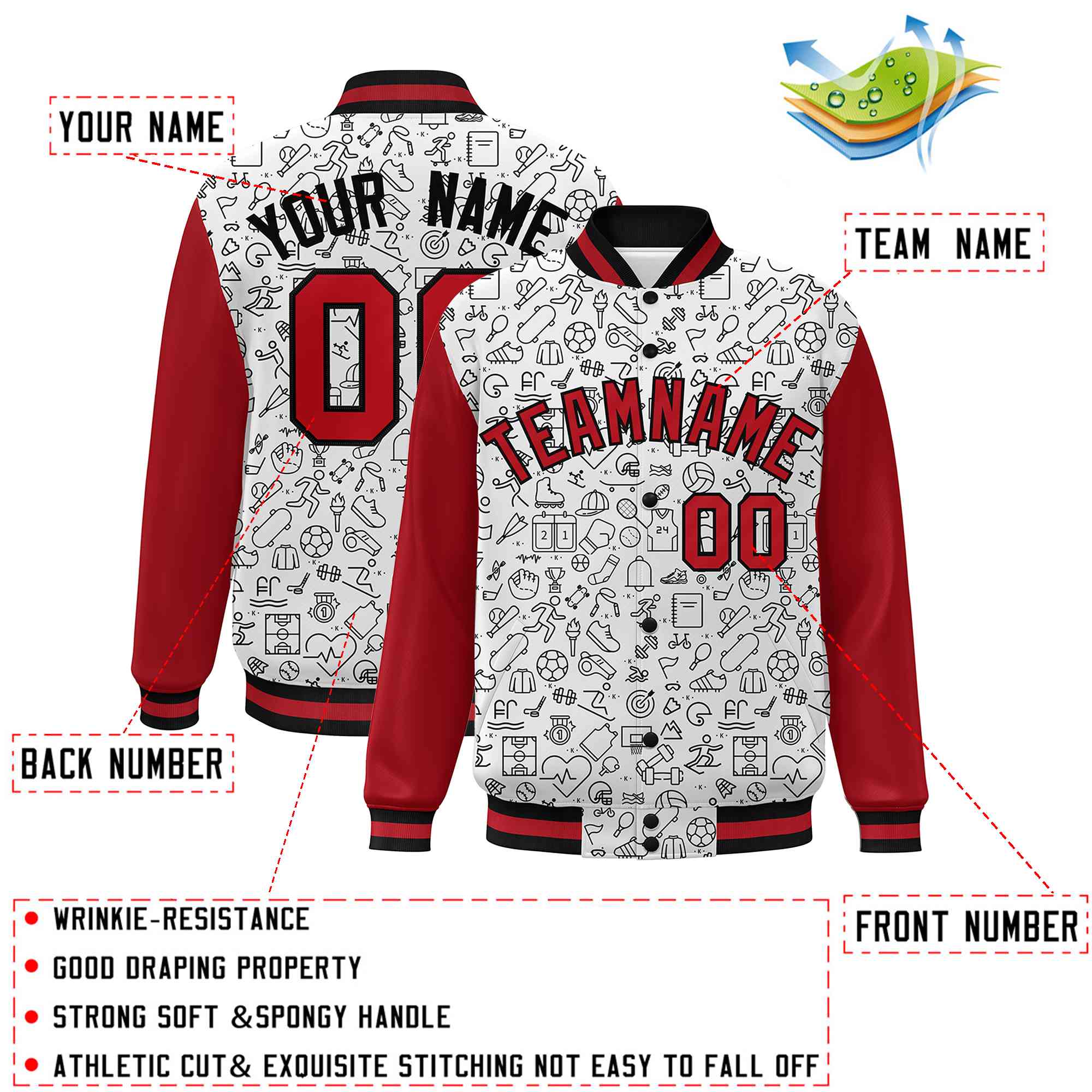 Custom White Red-Black Line Graffiti Pattern Varsity Raglan Sleeves Letterman Baseball Jacket