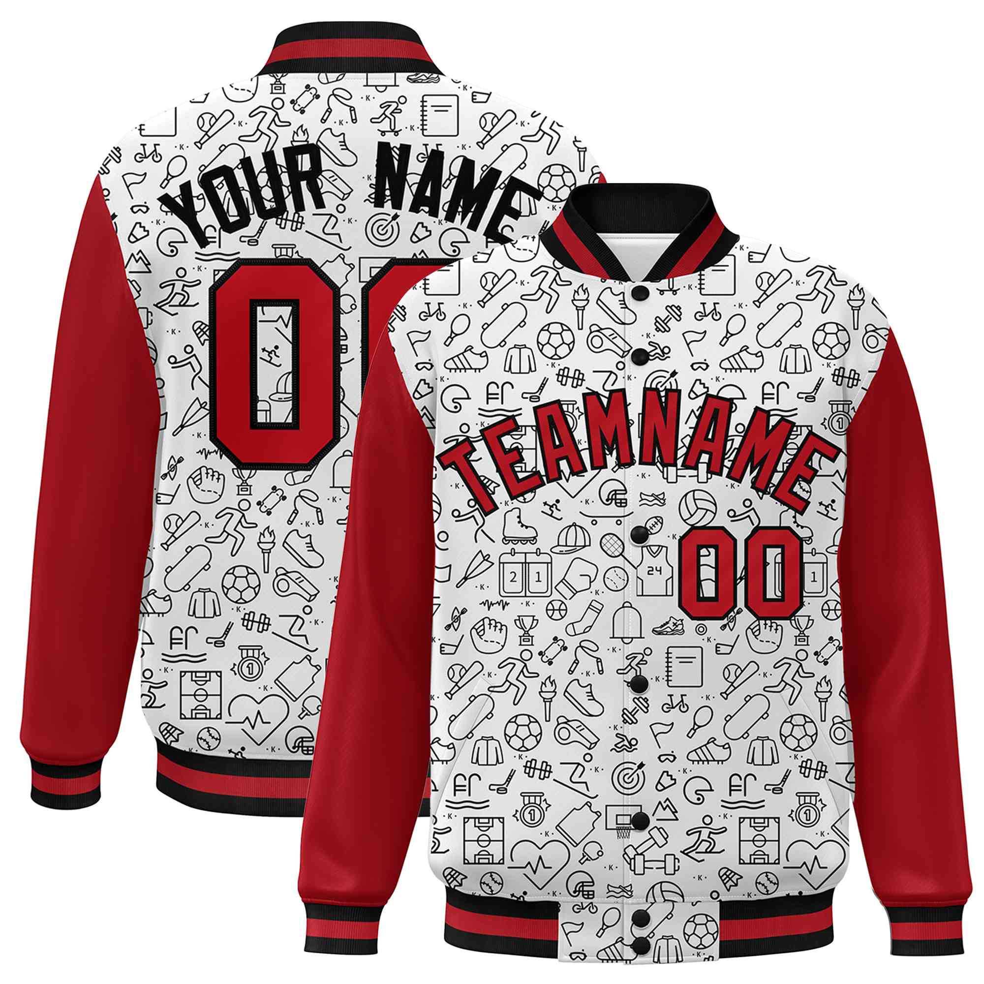 Custom White Red-Black Line Graffiti Pattern Varsity Raglan Sleeves Letterman Baseball Jacket