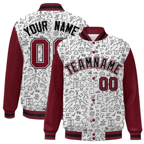 Custom White Crimson-Black Line Graffiti Pattern Varsity Raglan Sleeves Letterman Baseball Jacket