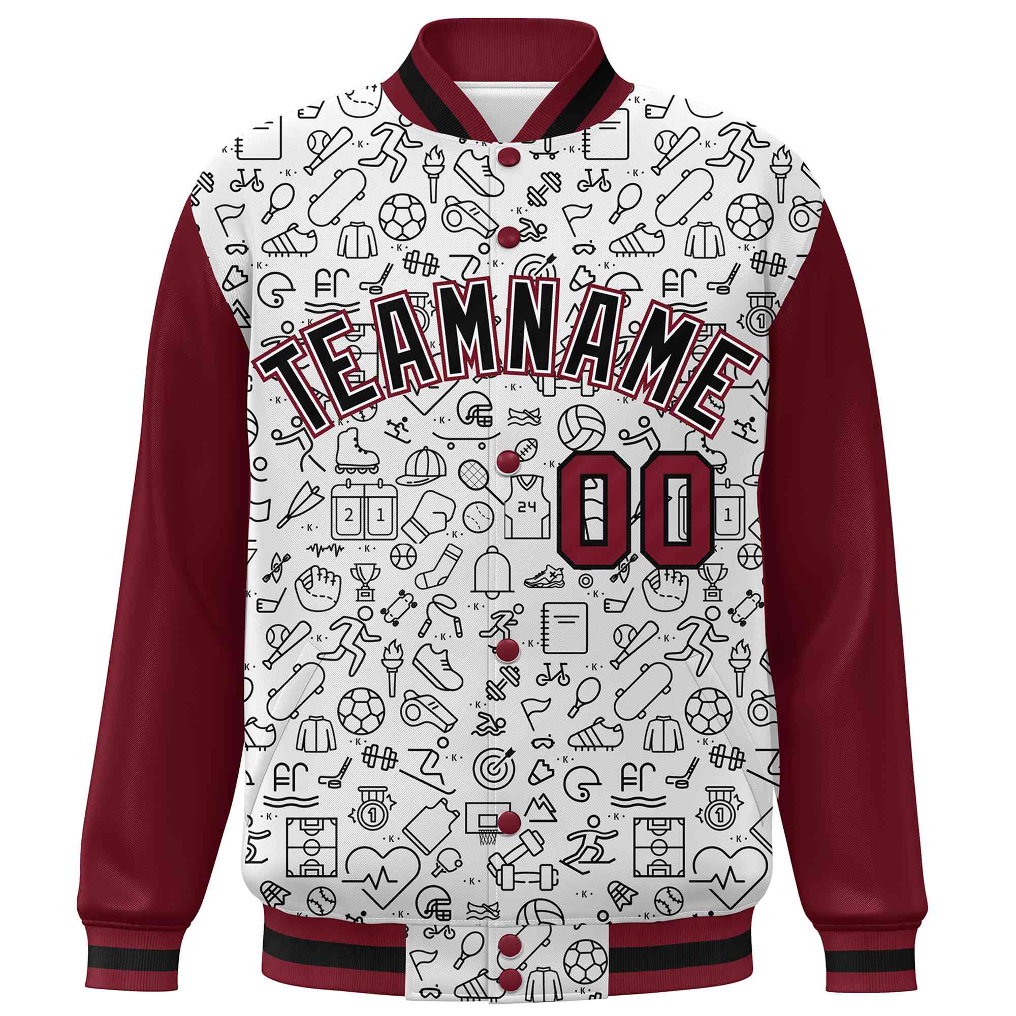 Custom White Crimson-Black Line Graffiti Pattern Varsity Raglan Sleeves Letterman Baseball Jacket