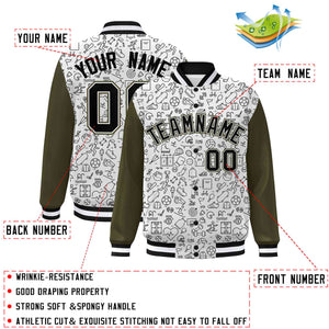 Custom White Olive-Black Line Graffiti Pattern Varsity Raglan Sleeves Letterman Baseball Jacket