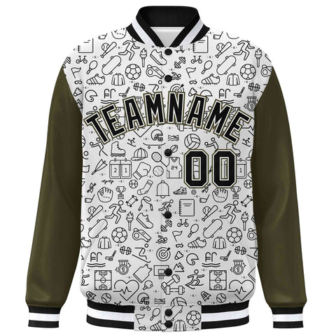 Custom White Olive-Black Line Graffiti Pattern Varsity Raglan Sleeves Letterman Baseball Jacket