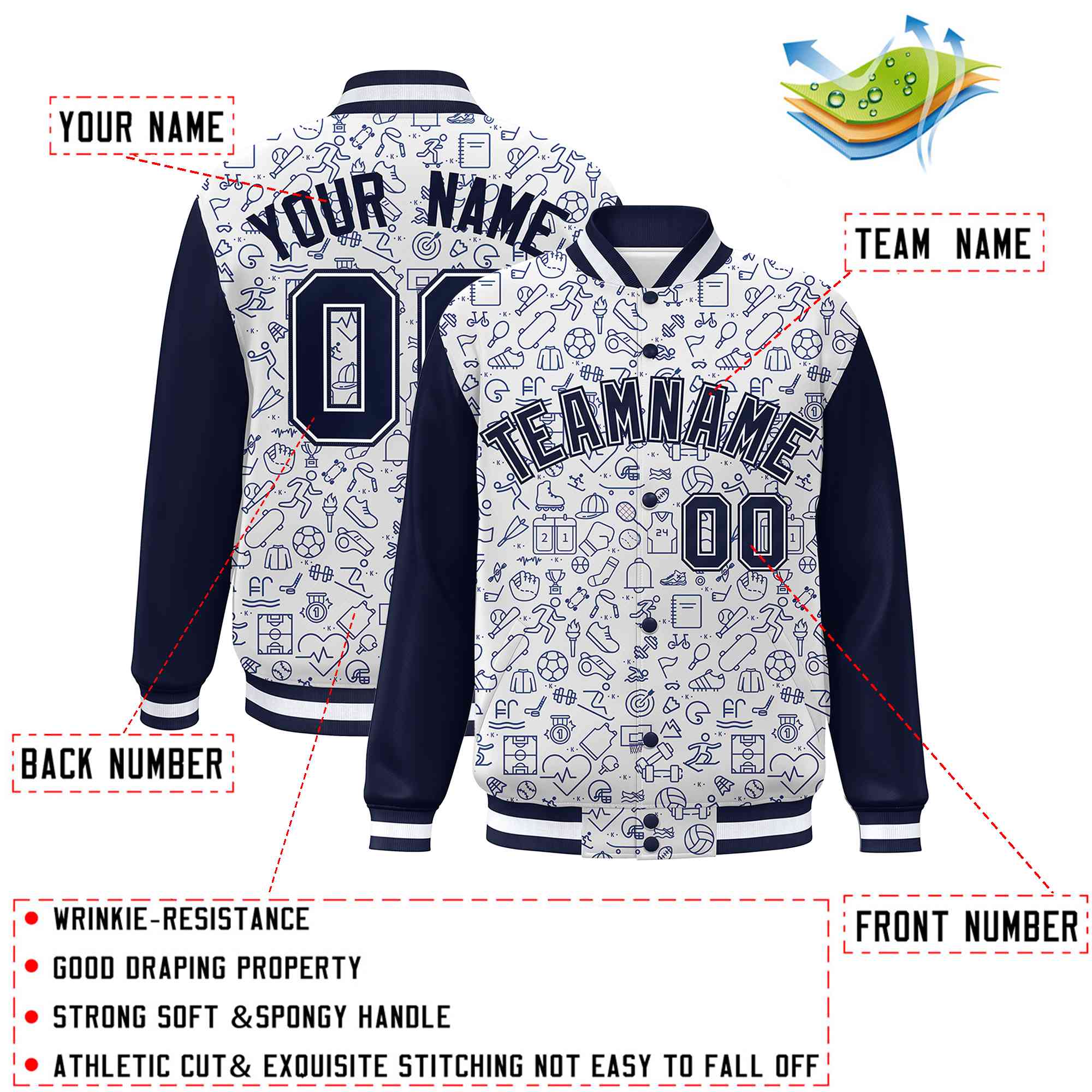 Custom White Navy Line Graffiti Pattern Varsity Raglan Sleeves Letterman Baseball Jacket