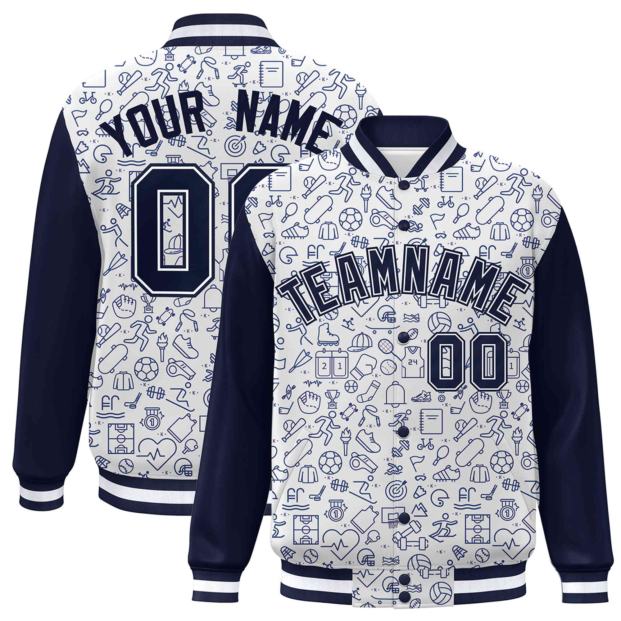 Custom White Navy Line Graffiti Pattern Varsity Raglan Sleeves Letterman Baseball Jacket