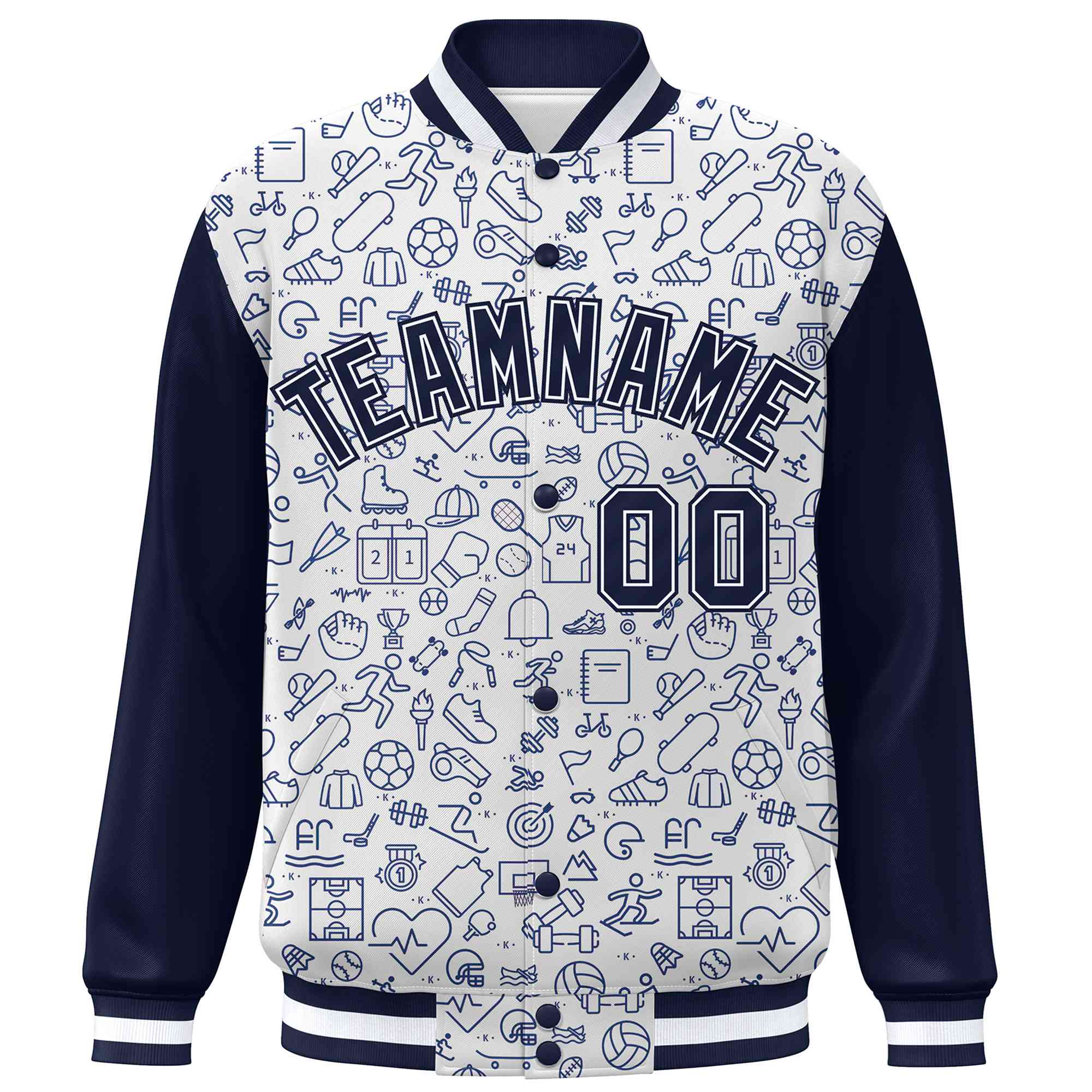 Custom White Navy Line Graffiti Pattern Varsity Raglan Sleeves Letterman Baseball Jacket