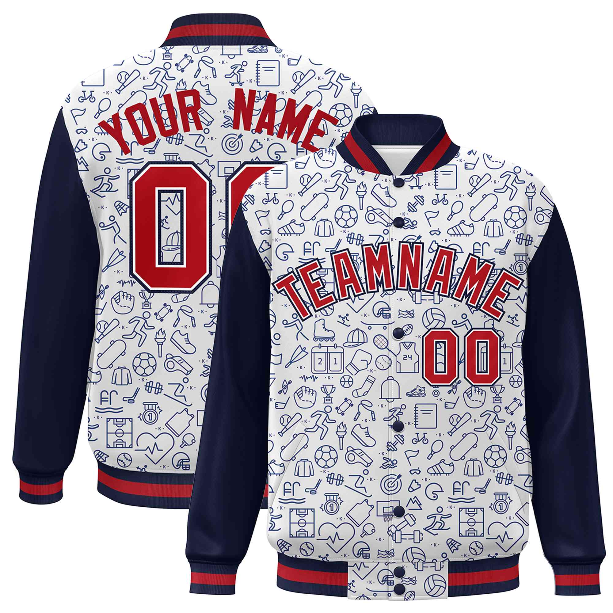 Custom White Navy-Red Line Graffiti Pattern Varsity Raglan Sleeves Letterman Baseball Jacket