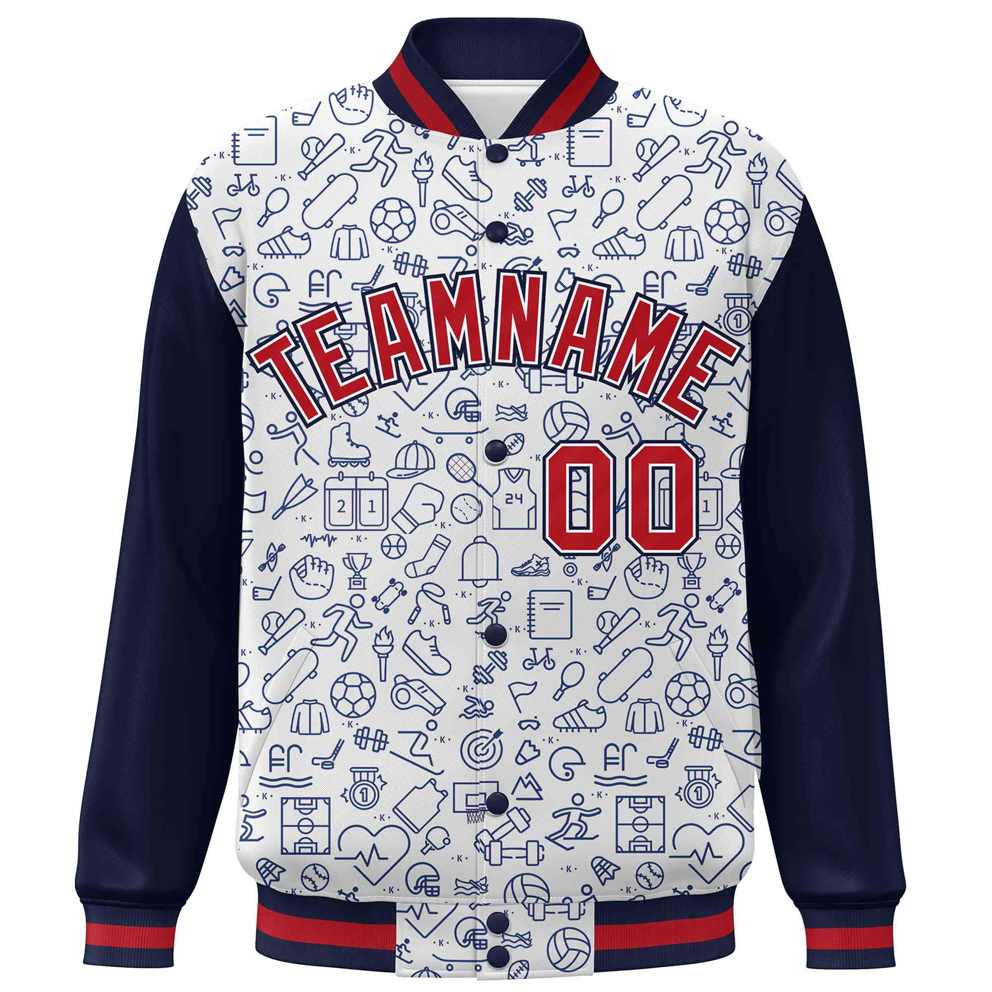 Custom White Navy-Red Line Graffiti Pattern Varsity Raglan Sleeves Letterman Baseball Jacket