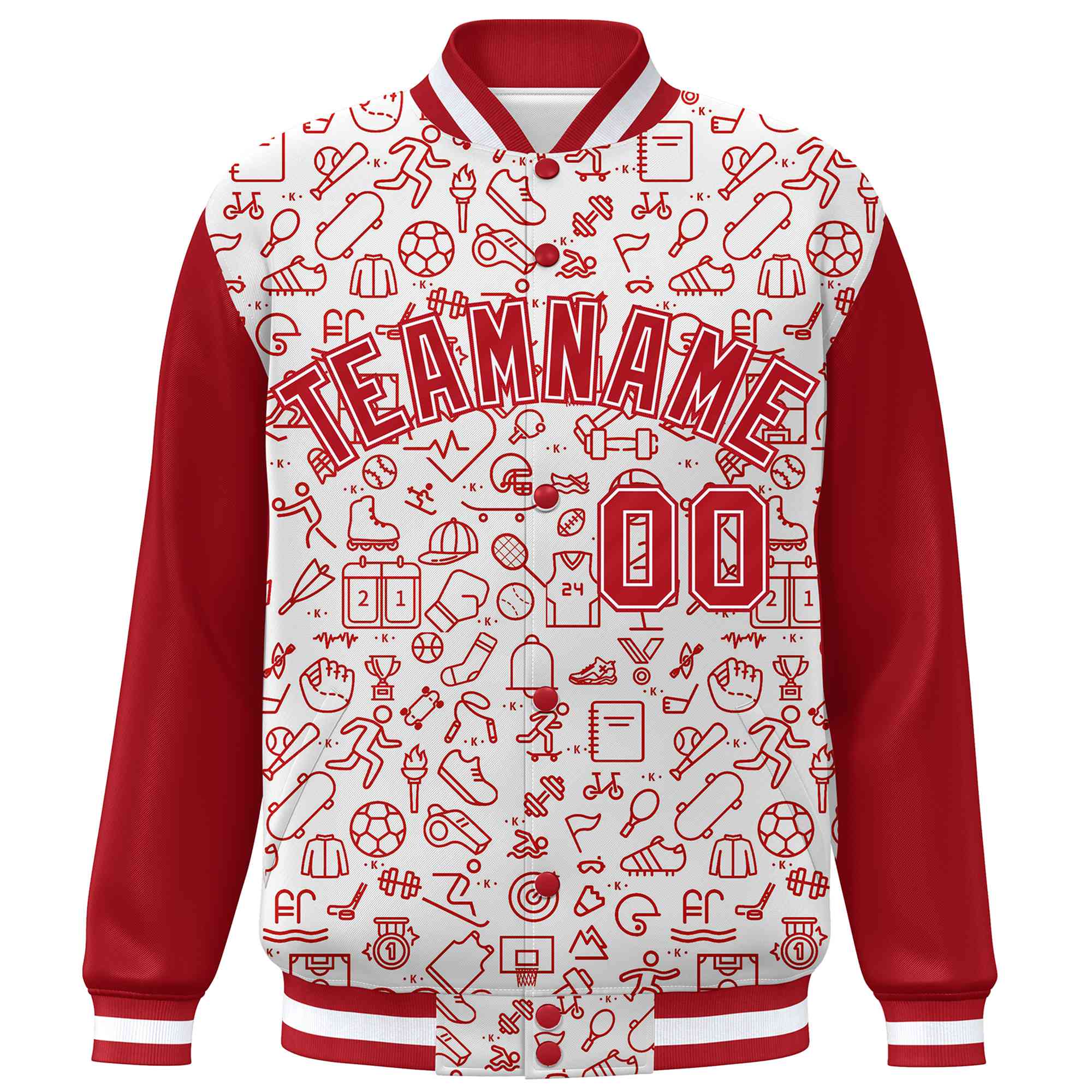 Custom White Red Line Graffiti Pattern Varsity Raglan Sleeves Letterman Baseball Jacket