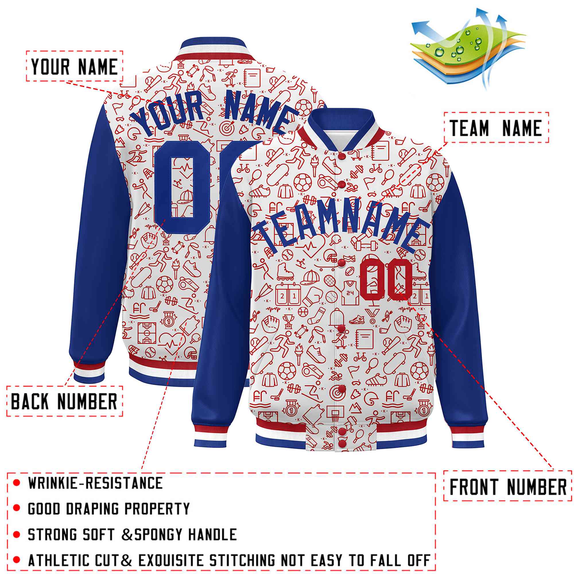 Custom White Royal-Red Line Graffiti Pattern Varsity Raglan Sleeves Letterman Baseball Jacket