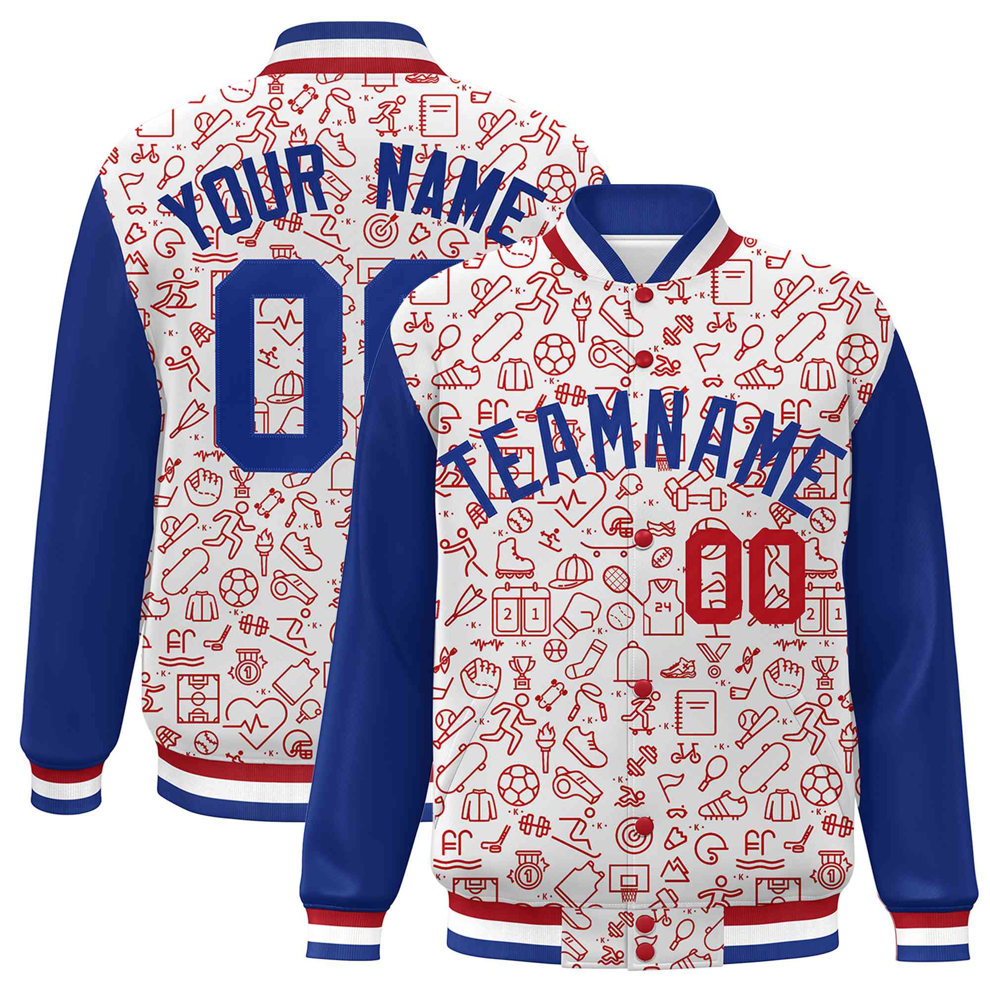 Custom White Royal-Red Line Graffiti Pattern Varsity Raglan Sleeves Letterman Baseball Jacket