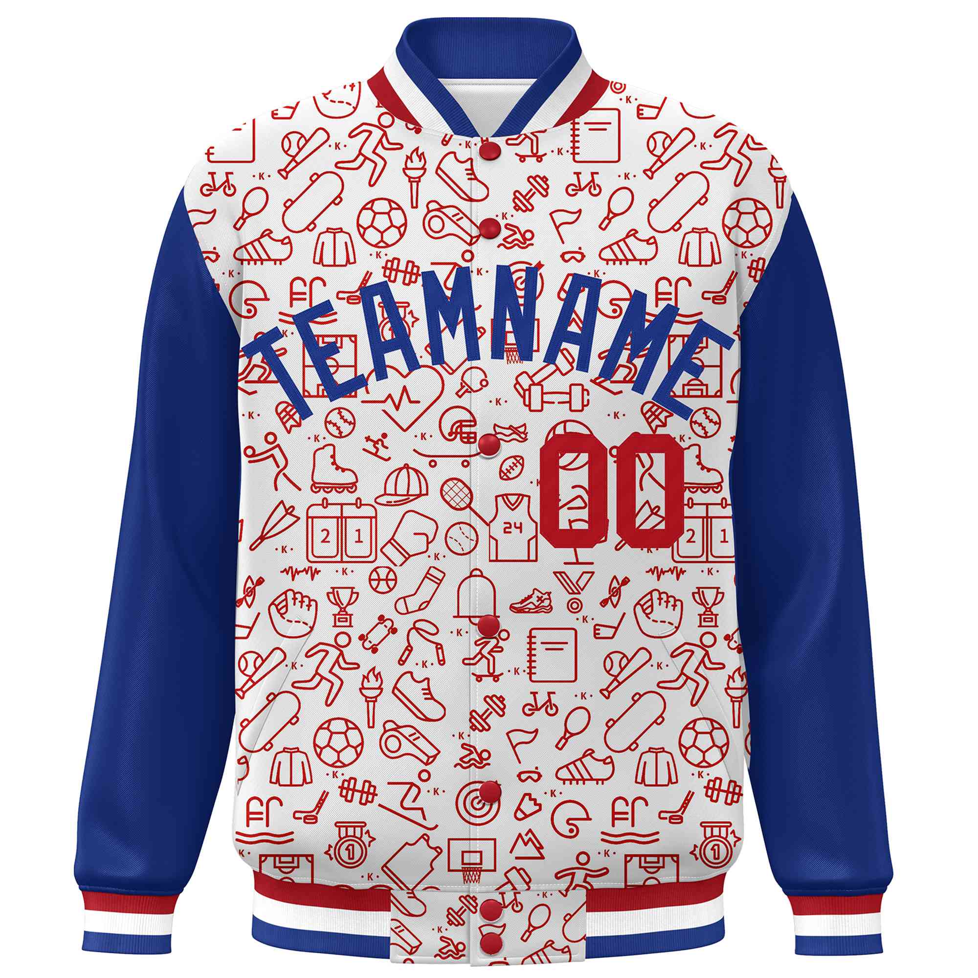 Custom White Royal-Red Line Graffiti Pattern Varsity Raglan Sleeves Letterman Baseball Jacket