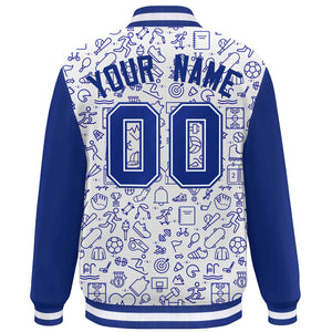 Custom White Royal Line Graffiti Pattern Varsity Raglan Sleeves Letterman Baseball Jacket