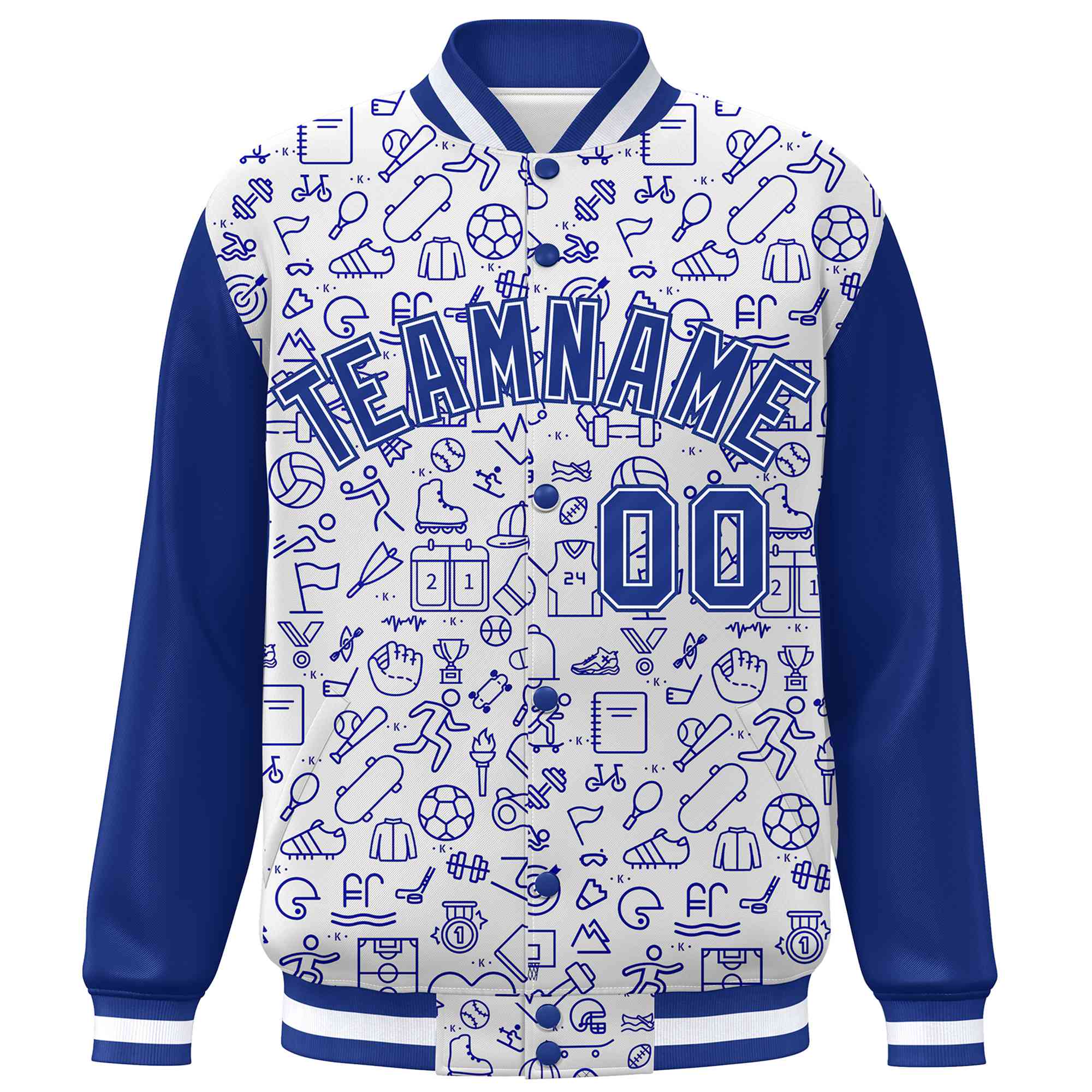 Custom White Royal Line Graffiti Pattern Varsity Raglan Sleeves Letterman Baseball Jacket