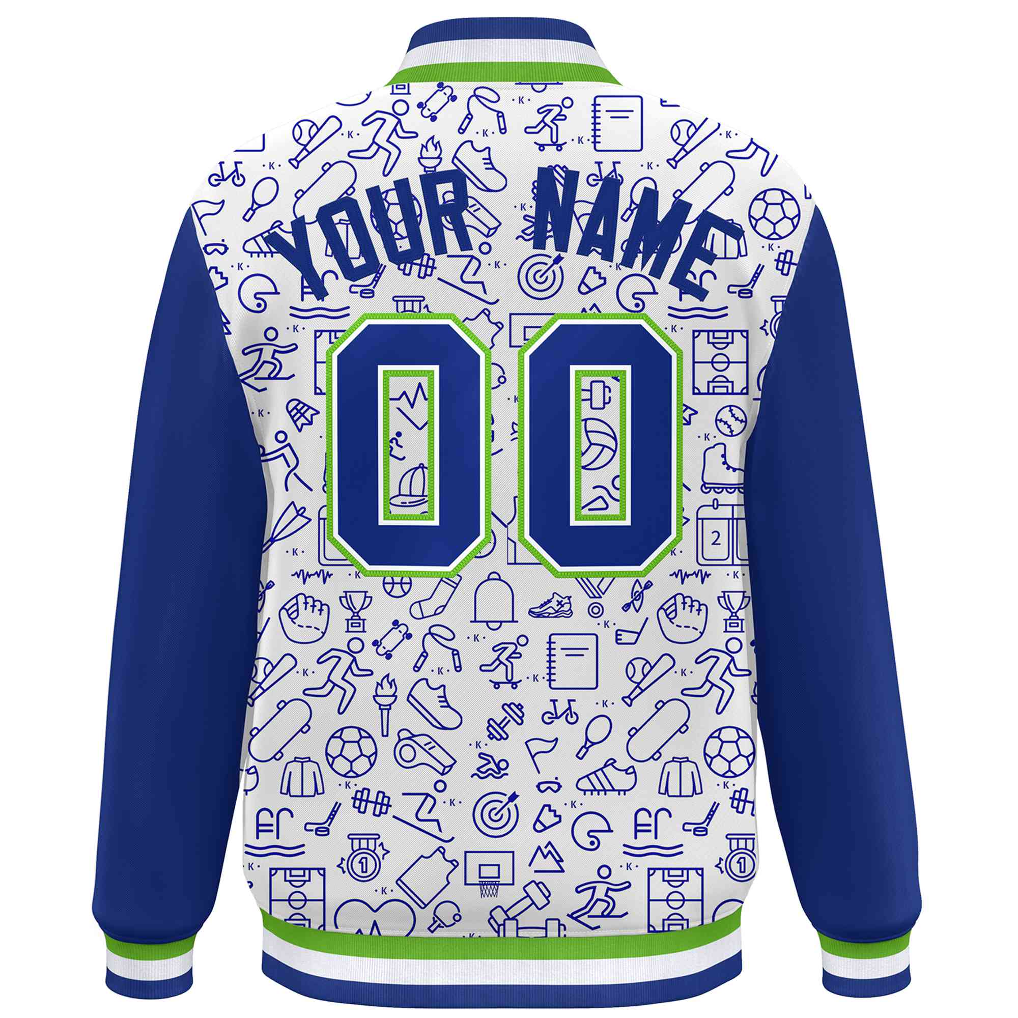 Custom White Royal Line Graffiti Pattern Varsity Raglan Sleeves Letterman Baseball Jacket