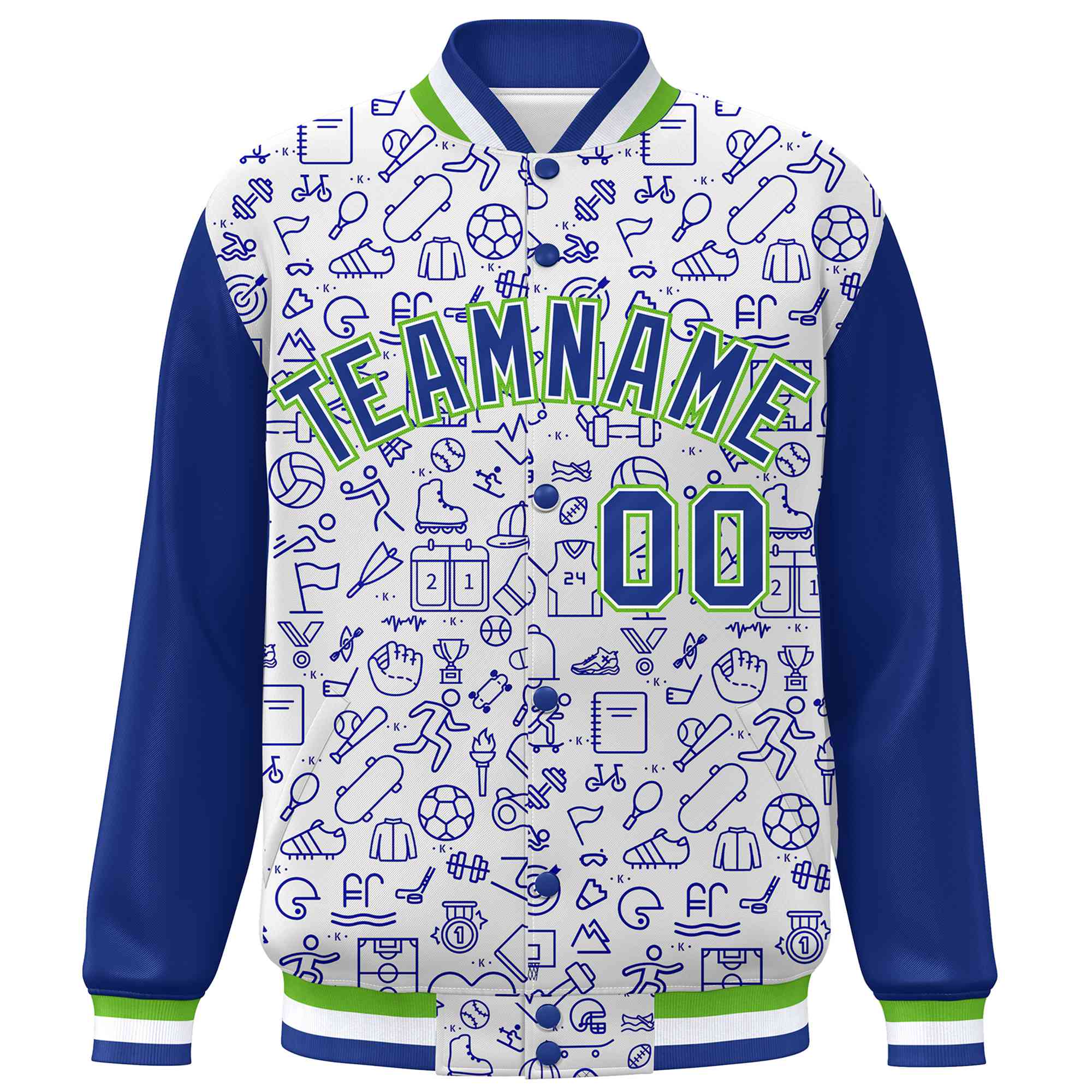 Custom White Royal Line Graffiti Pattern Varsity Raglan Sleeves Letterman Baseball Jacket