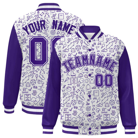Custom White Purple Line Graffiti Pattern Varsity Raglan Sleeves Letterman Baseball Jacket