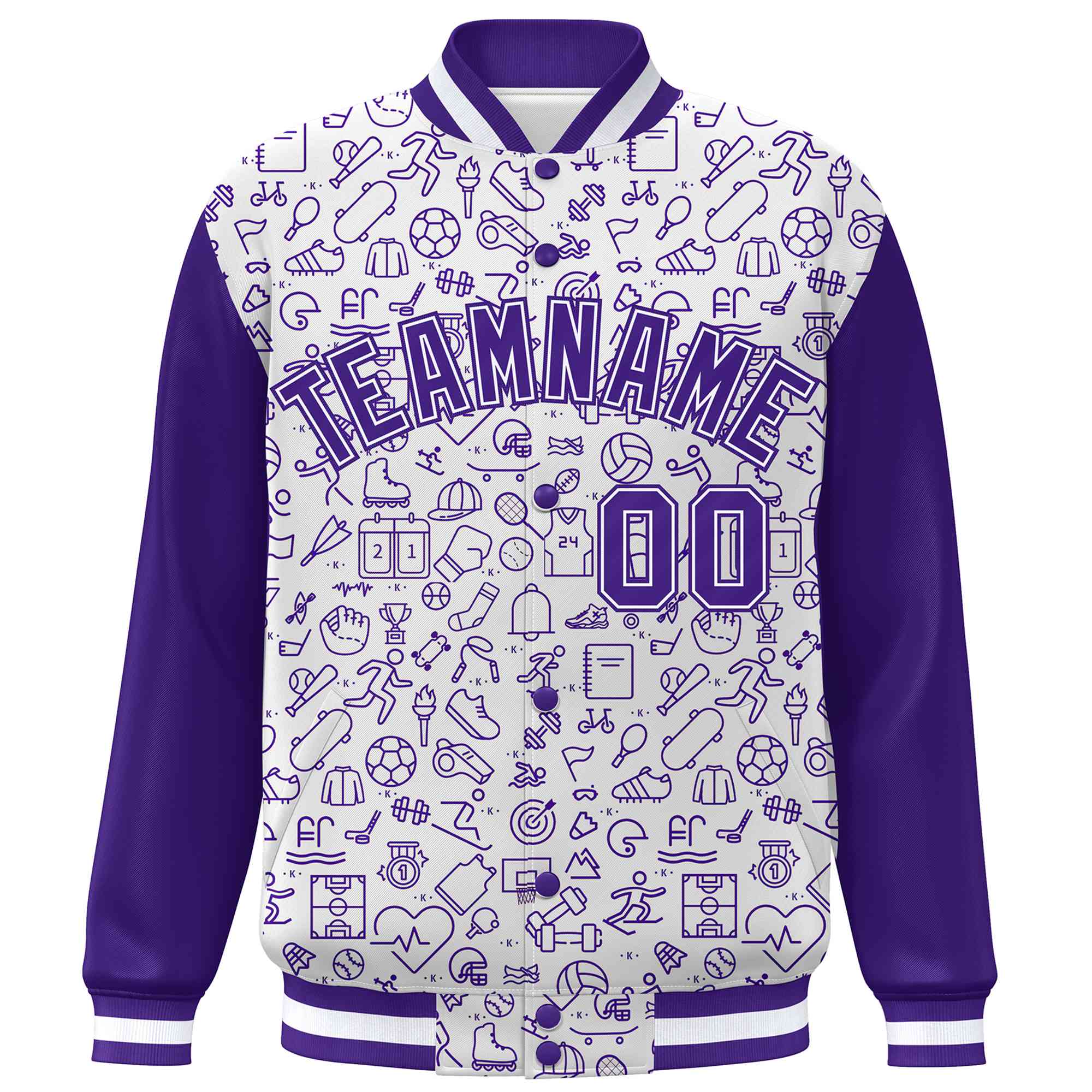 Custom White Purple Line Graffiti Pattern Varsity Raglan Sleeves Letterman Baseball Jacket