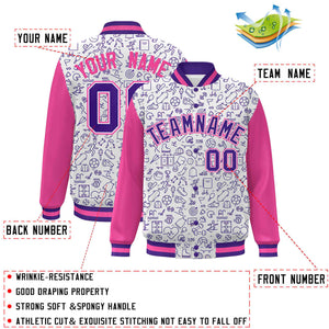 Custom White Pink-Purple Line Graffiti Pattern Varsity Raglan Sleeves Letterman Baseball Jacket