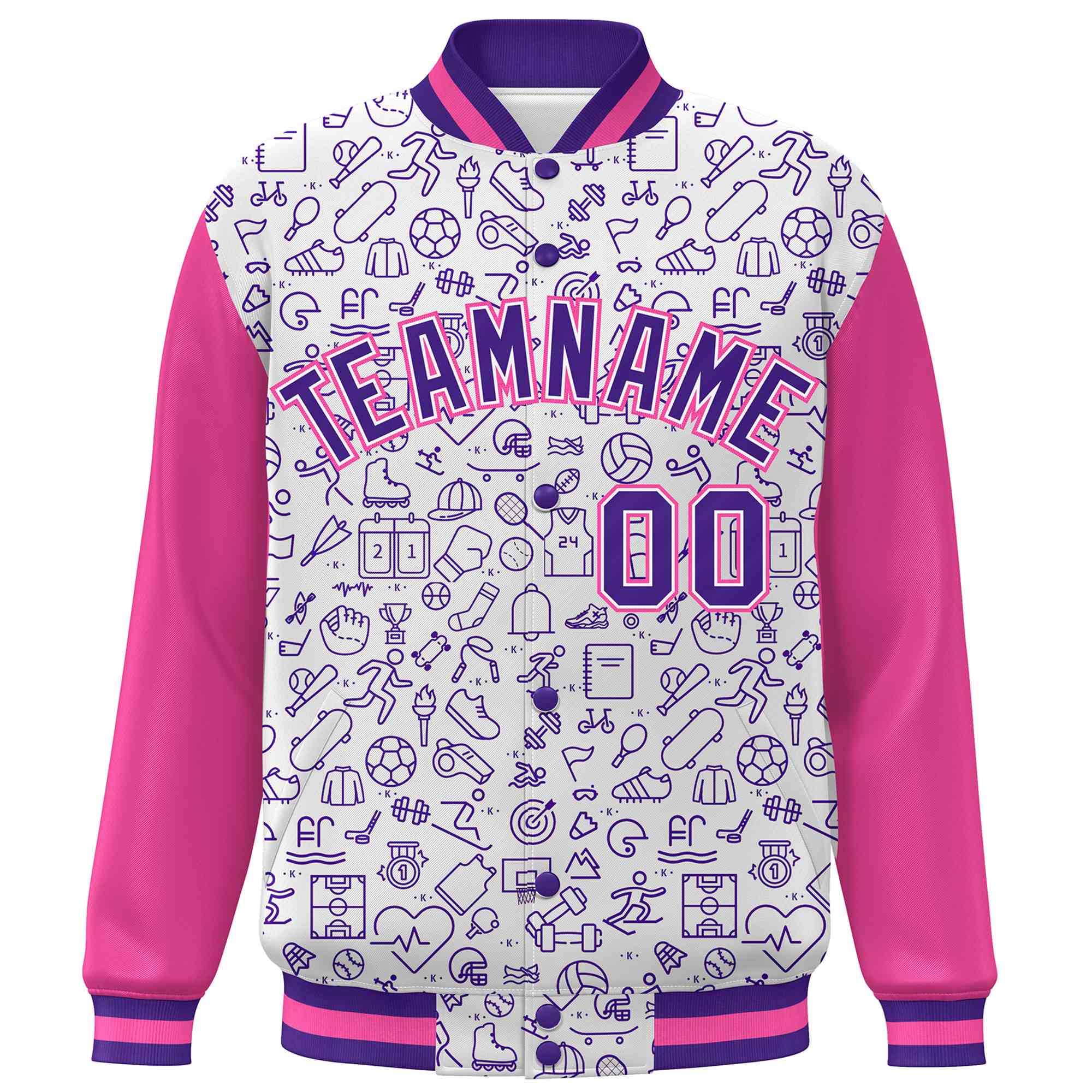 Custom White Pink-Purple Line Graffiti Pattern Varsity Raglan Sleeves Letterman Baseball Jacket