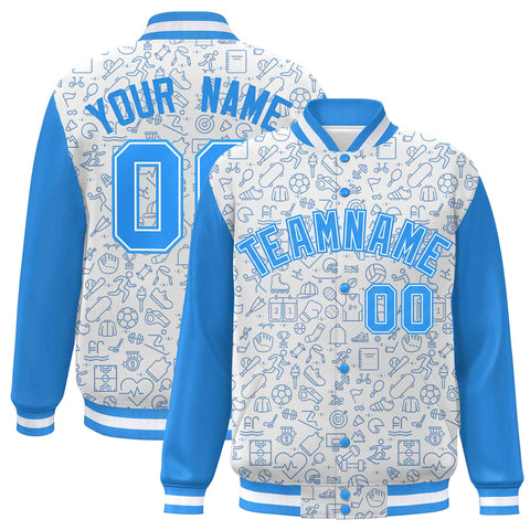 Custom White Powder Blue Line Graffiti Pattern Varsity Raglan Sleeves Letterman Baseball Jacket