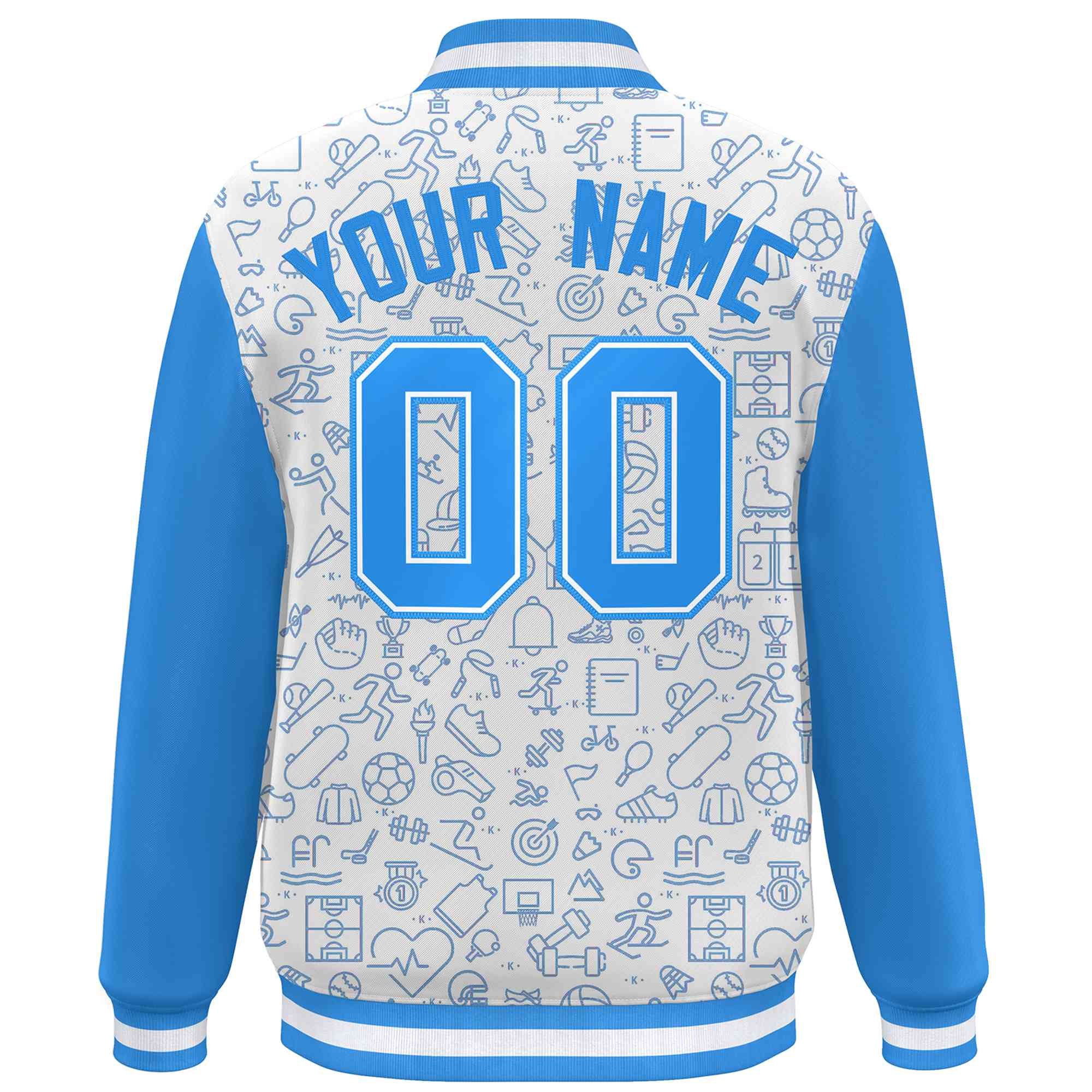 Custom White Powder Blue Line Graffiti Pattern Varsity Raglan Sleeves Letterman Baseball Jacket