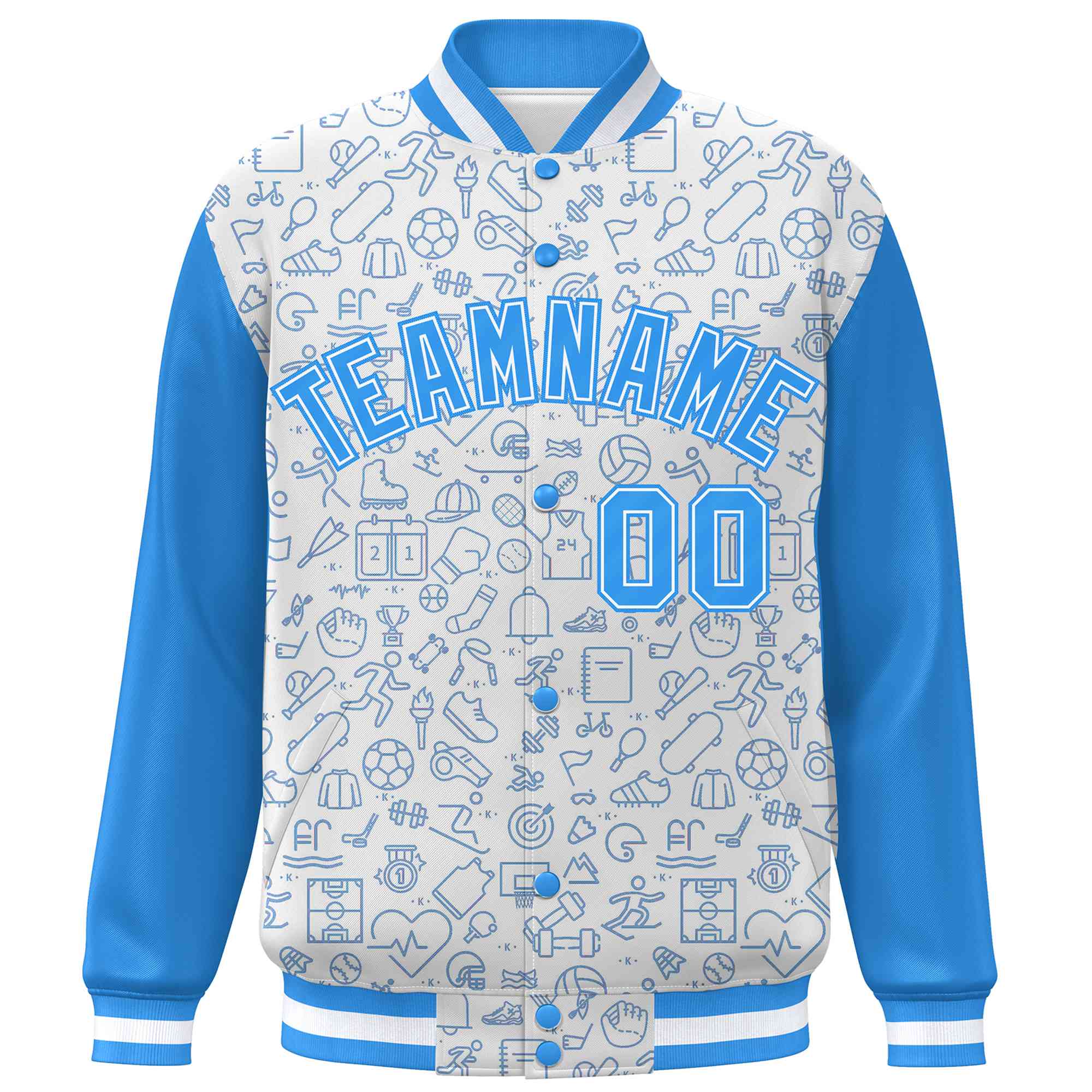 Custom White Powder Blue Line Graffiti Pattern Varsity Raglan Sleeves Letterman Baseball Jacket