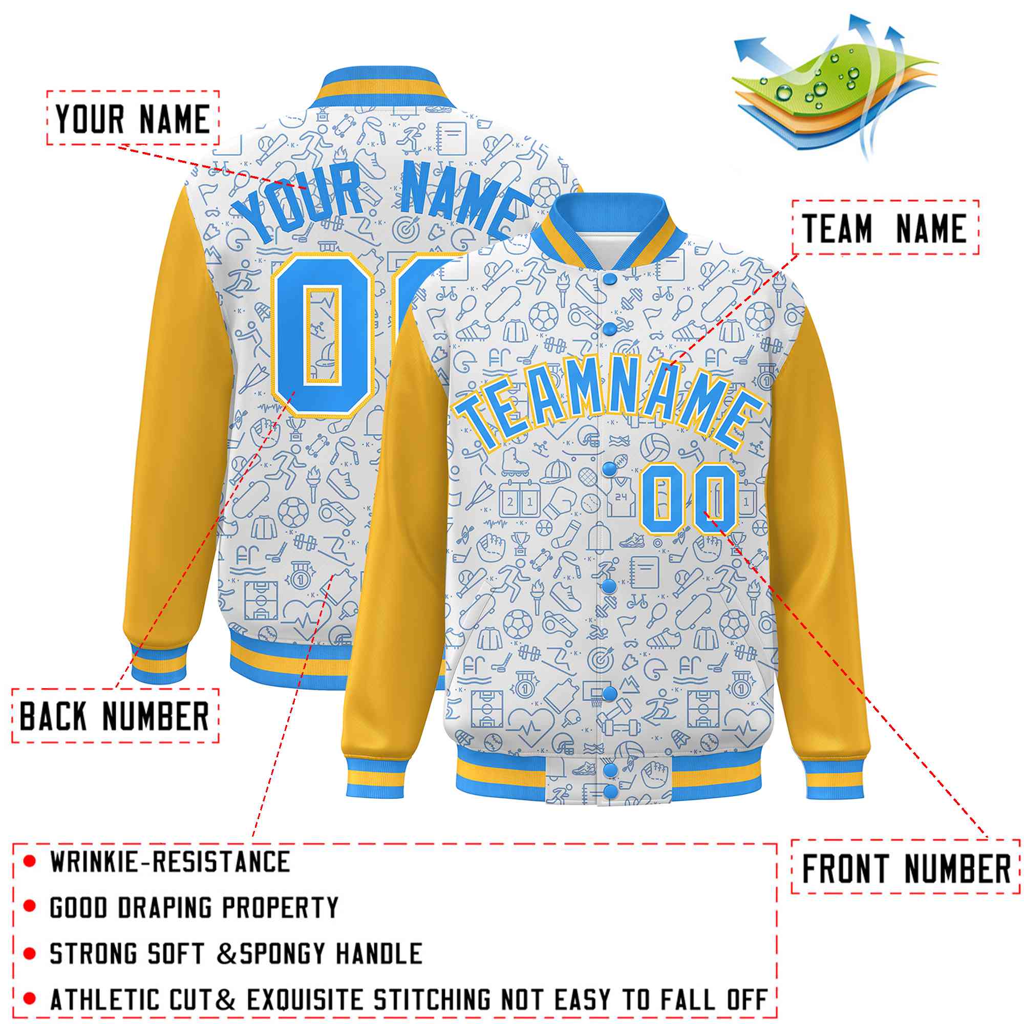 Custom White Gold-Powder Blue Line Graffiti Pattern Varsity Raglan Sleeves Letterman Baseball Jacket