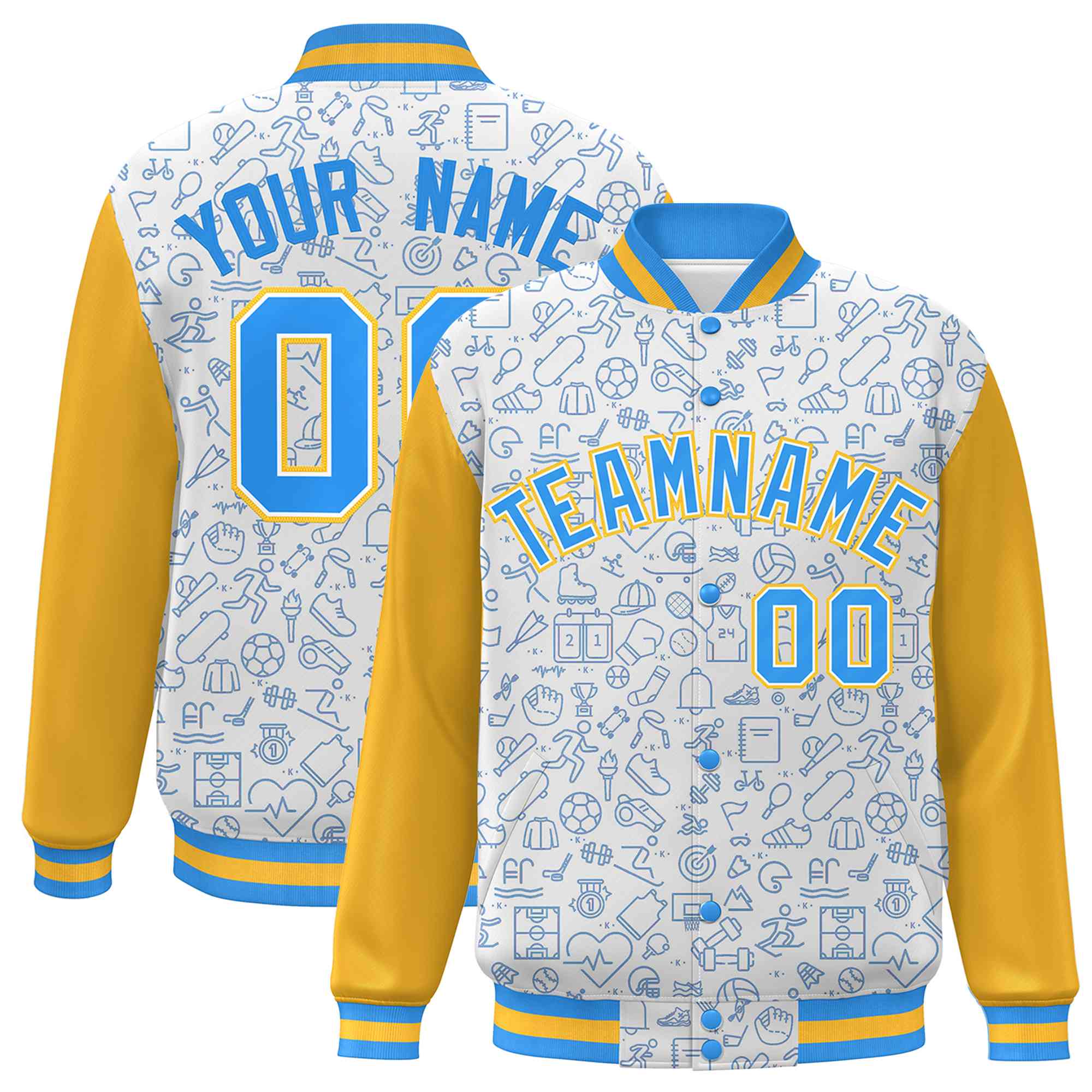 Custom White Gold-Powder Blue Line Graffiti Pattern Varsity Raglan Sleeves Letterman Baseball Jacket