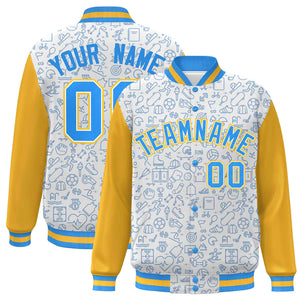 Custom White Gold-Powder Blue Line Graffiti Pattern Varsity Raglan Sleeves Letterman Baseball Jacket