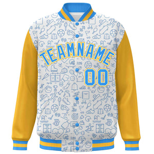 Custom White Gold-Powder Blue Line Graffiti Pattern Varsity Raglan Sleeves Letterman Baseball Jacket