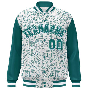 Custom White Aqua Line Graffiti Pattern Varsity Raglan Sleeves Letterman Baseball Jacket