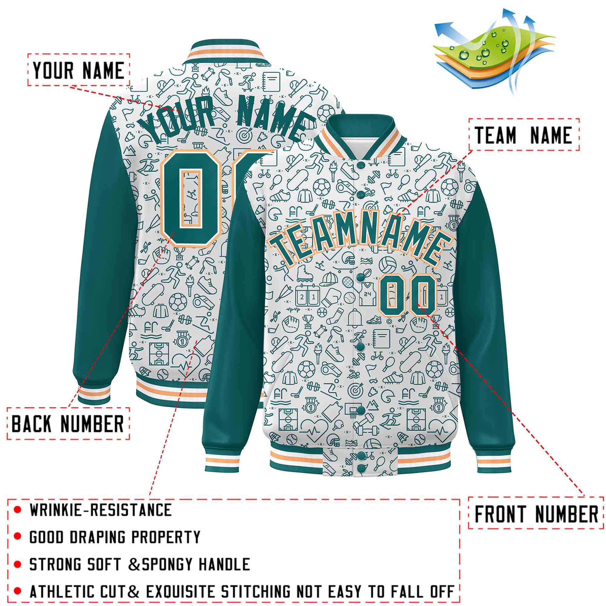 Custom White Aqua Line Graffiti Pattern Varsity Raglan Sleeves Letterman Baseball Jacket