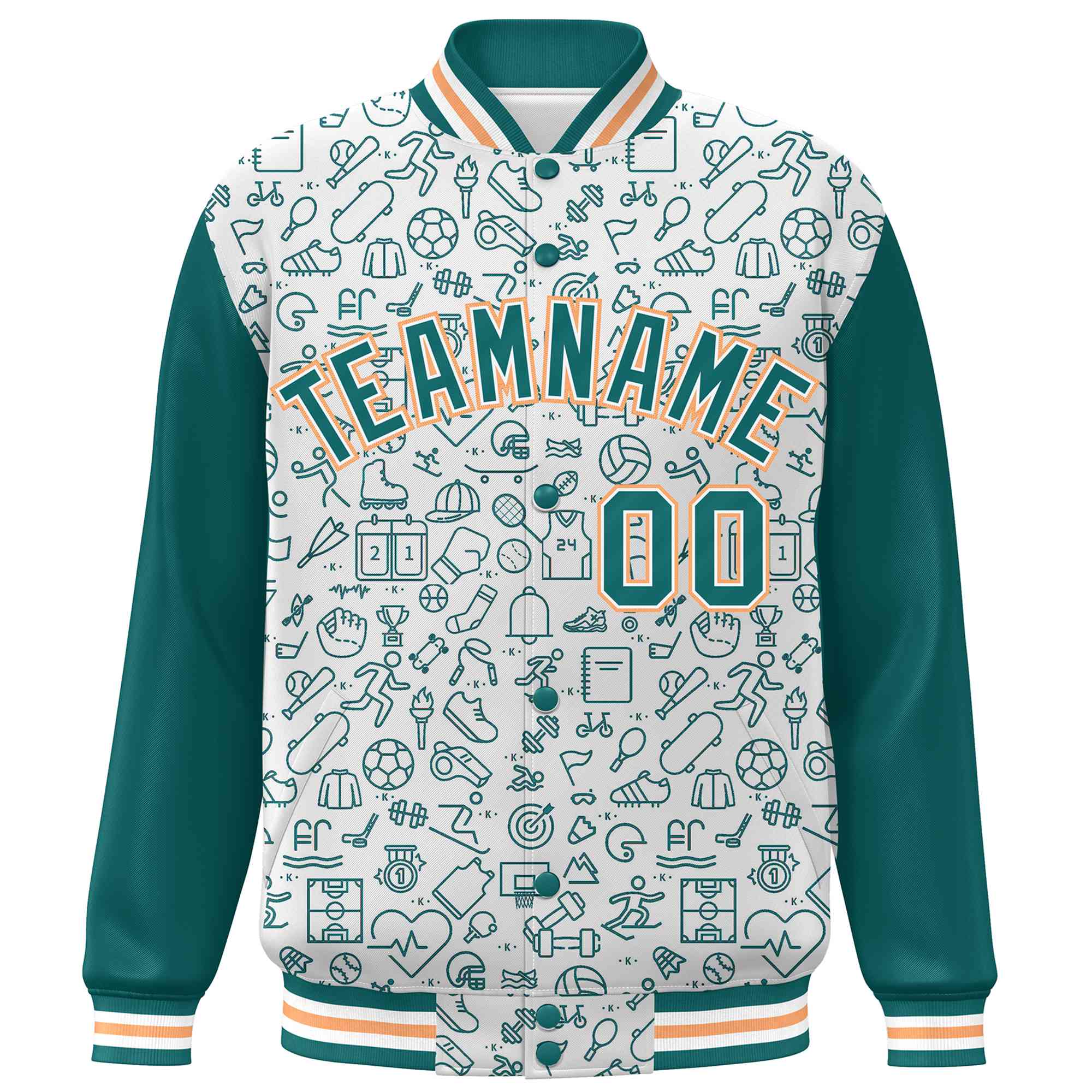 Custom White Aqua Line Graffiti Pattern Varsity Raglan Sleeves Letterman Baseball Jacket