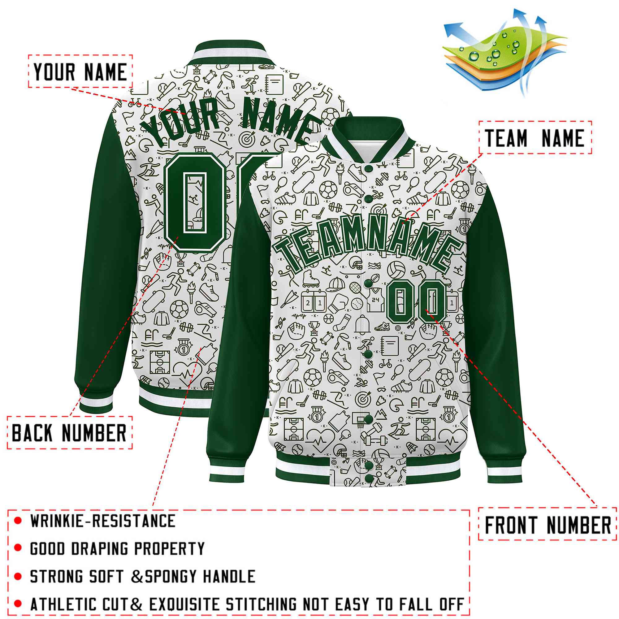 Custom White Green Line Graffiti Pattern Varsity Raglan Sleeves Letterman Baseball Jacket