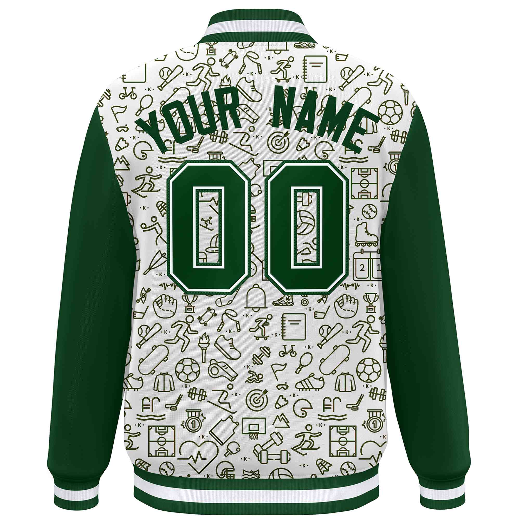 Custom White Green Line Graffiti Pattern Varsity Raglan Sleeves Letterman Baseball Jacket