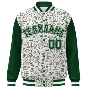 Custom White Green Line Graffiti Pattern Varsity Raglan Sleeves Letterman Baseball Jacket