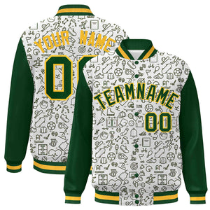 Custom White Green Line Graffiti Pattern Varsity Raglan Sleeves Letterman Baseball Jacket