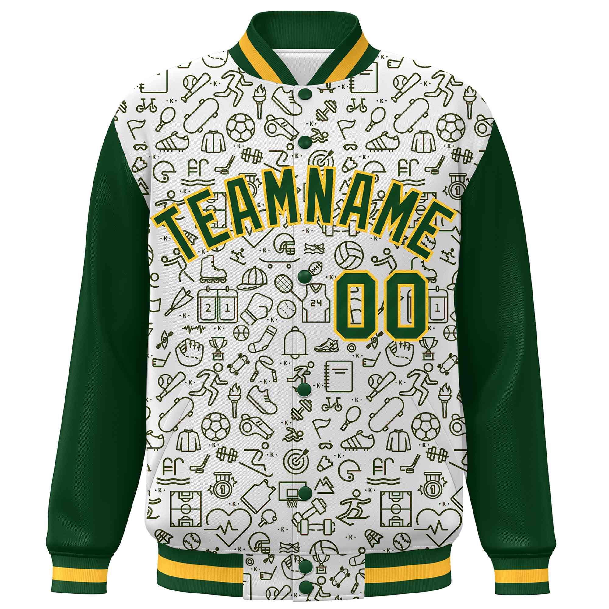 Custom White Green Line Graffiti Pattern Varsity Raglan Sleeves Letterman Baseball Jacket