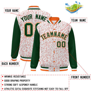 Custom White Green-Orange Line Graffiti Pattern Varsity Raglan Sleeves Letterman Baseball Jacket