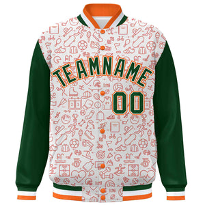 Custom White Green-Orange Line Graffiti Pattern Varsity Raglan Sleeves Letterman Baseball Jacket