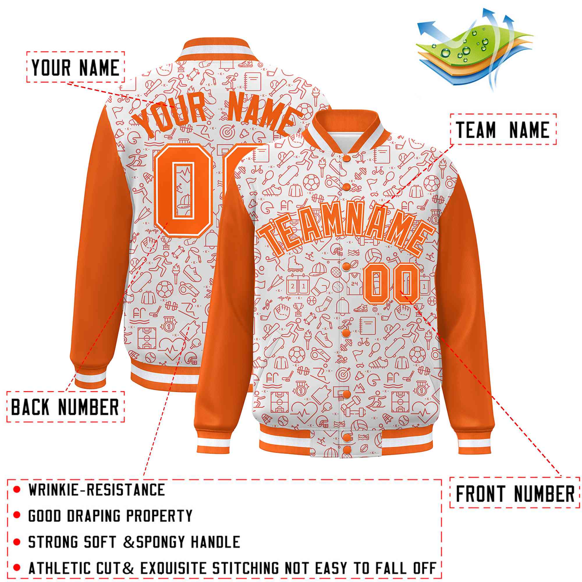 Custom White Orange Line Graffiti Pattern Varsity Raglan Sleeves Letterman Baseball Jacket