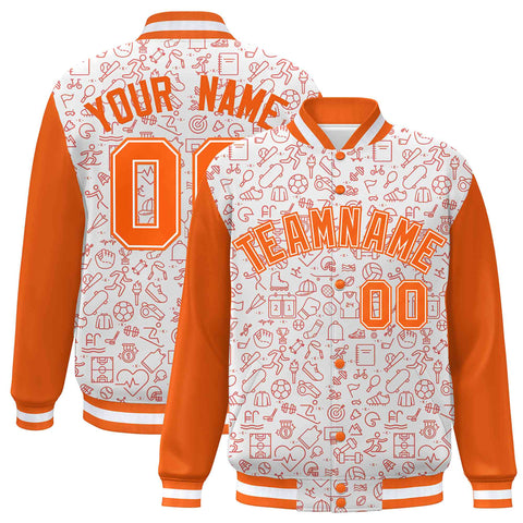 Custom White Orange Line Graffiti Pattern Varsity Raglan Sleeves Letterman Baseball Jacket