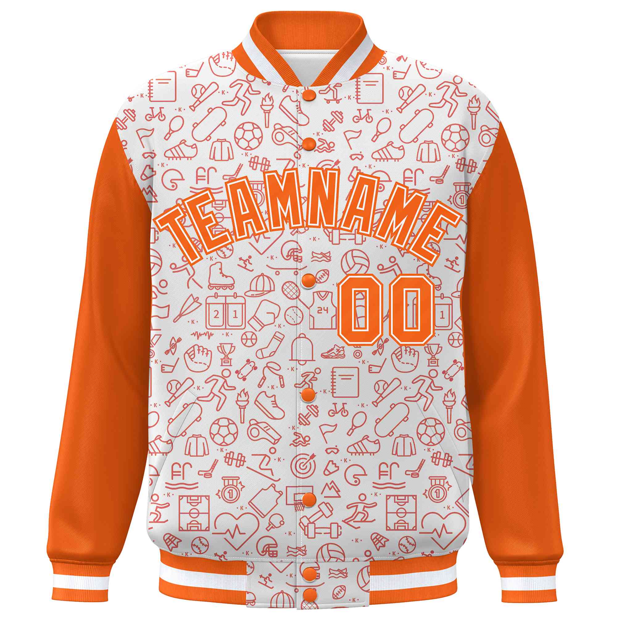 Custom White Orange Line Graffiti Pattern Varsity Raglan Sleeves Letterman Baseball Jacket