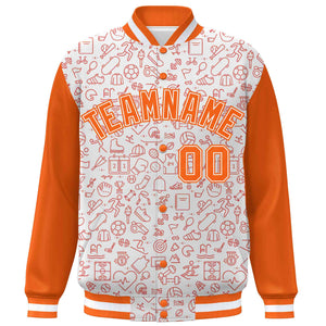 Custom White Orange Line Graffiti Pattern Varsity Raglan Sleeves Letterman Baseball Jacket