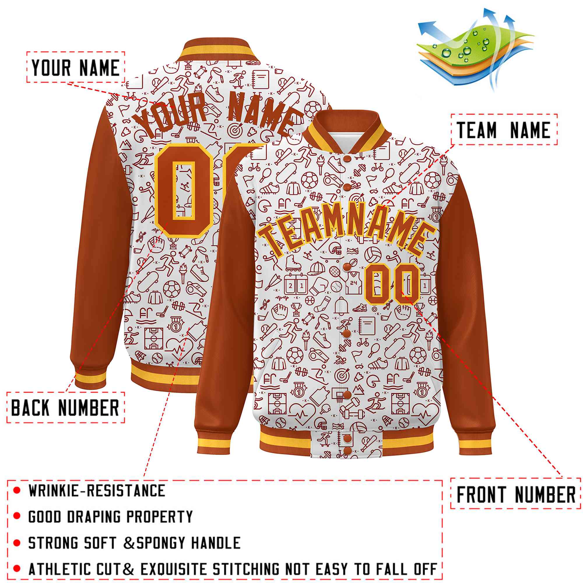 Custom White Texas Orange Line Graffiti Pattern Varsity Raglan Sleeves Letterman Baseball Jacket