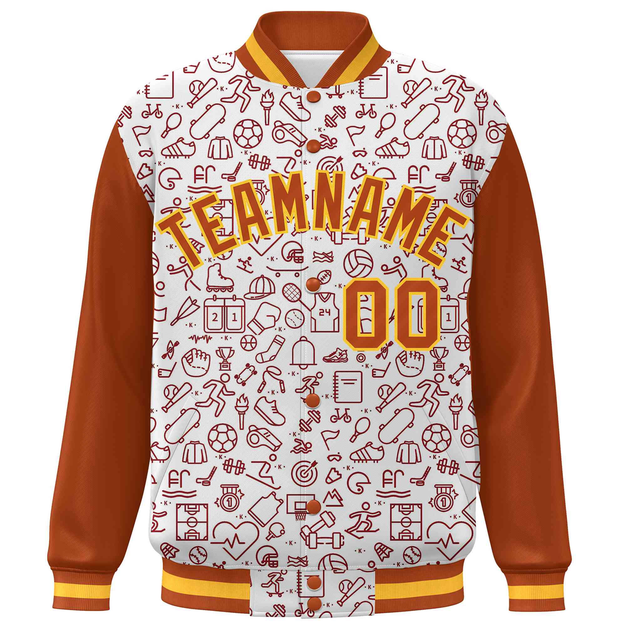 Custom White Texas Orange Line Graffiti Pattern Varsity Raglan Sleeves Letterman Baseball Jacket