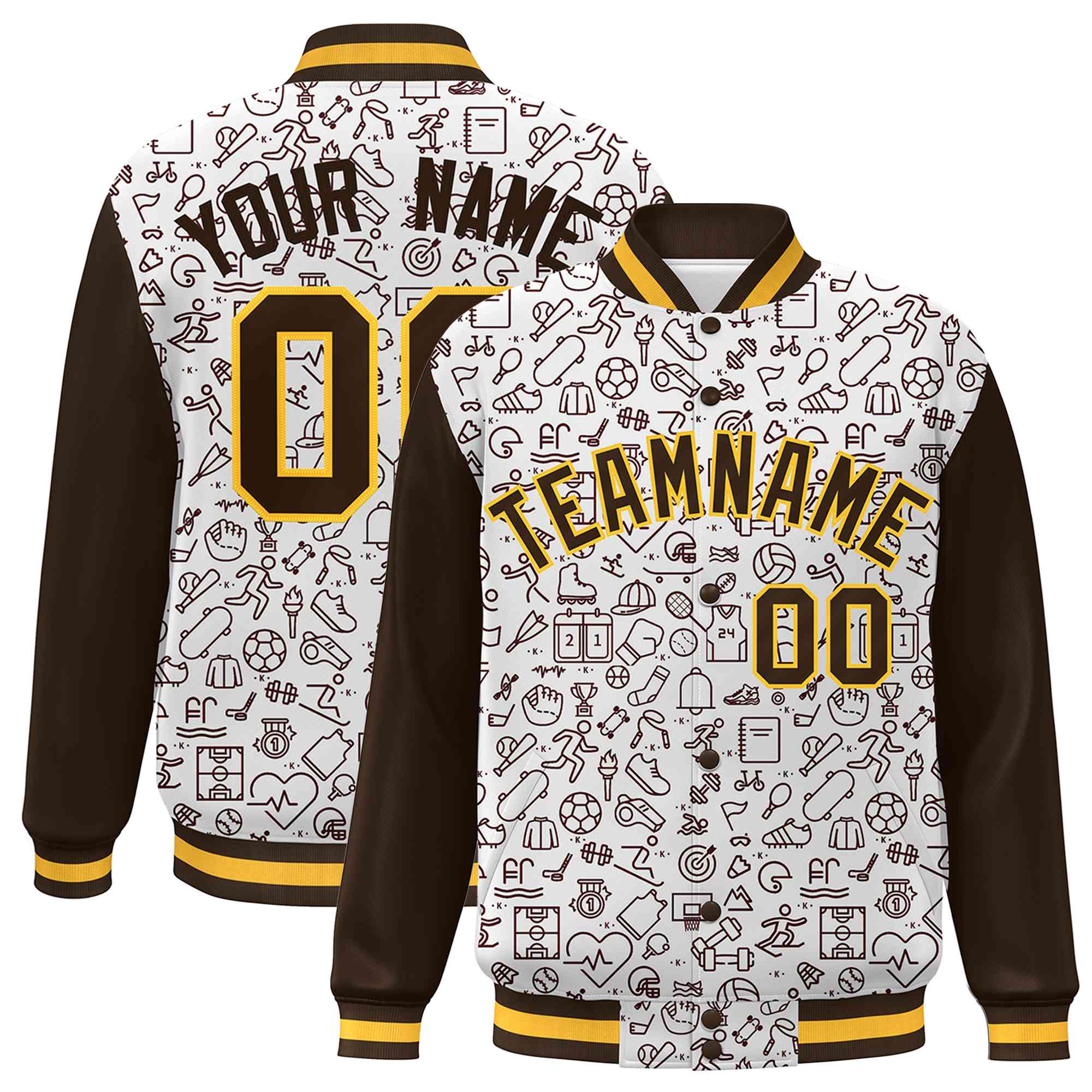 Custom White Brown Line Graffiti Pattern Varsity Raglan Sleeves Letterman Baseball Jacket